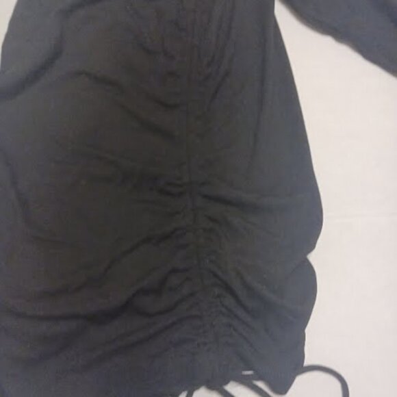 BEBE Long Sleeve Ruched Hooded Black Shirt with Rhinestone Logo, Sz M, Used - Picture 5 of 8